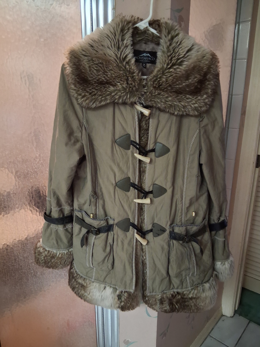 Montanaco Women's Faux-Fur Trim Toggle  Coat in Taupe Medium Vintage Montana